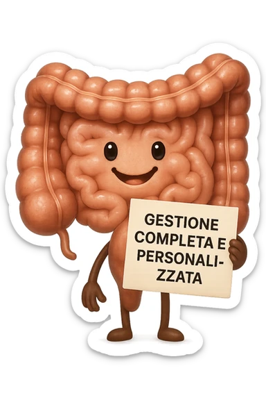 emoji stile iphone di un intestino umano anatomico ED ESPRESSIONE FELICE MENTRE LEGGE con foglio in mano con la scritta "GESTIONE COMPLETA E PERSONALIZZATA"
IPERREALISTICO 4K sticker
