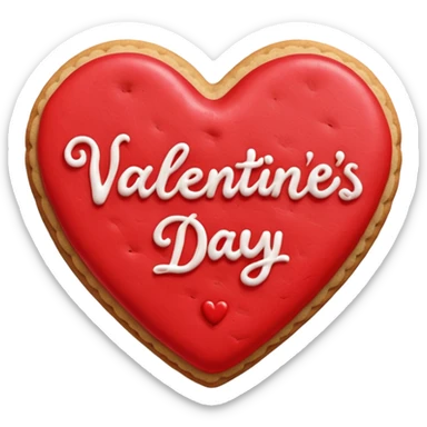 Heart-shaped cookie with red icing emoji, write 'Happy Valentine's day' on top of the red icing in white icing sticker