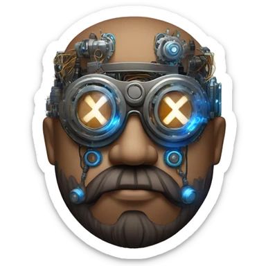 Bearded Fat bald cyborg head with brown skin, blue steampunk goggles and circuits sticker