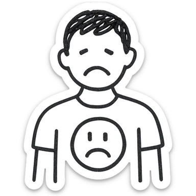 simple black and white outlined icon of a man wearing a t-shirt, sad cartoon face, no background sticker