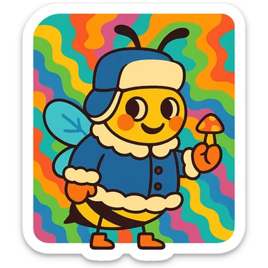 bee in a Russian winter coat, holding a tiny mushroom, trippy colorful background, cheeky carefree smile sticker