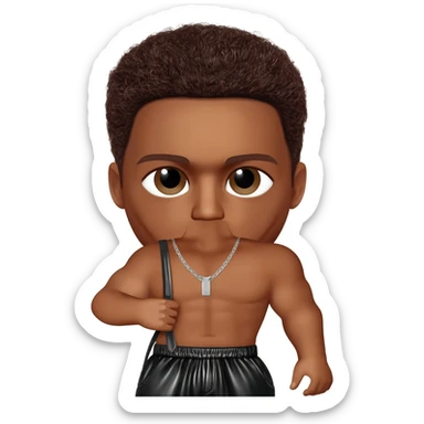 Trey Songz with dark brown hair, black metallic baggy pants, shirtless with necklace sticker