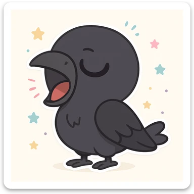 Make the raven a much darker color, nearly black, while keeping it cartoonish and sleepy in chibi stickers style. sticker