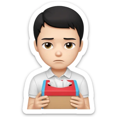 generate a pretty bratz boy with black hair, wearing a plain white polo shirt. Looking sad, holding a box of tissues sticker