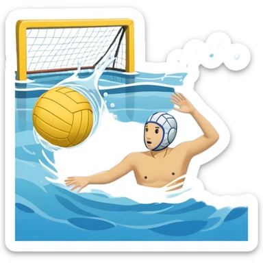 An icon featuring a yellow water polo ball floating on the water with goals in the background, inside a swimming pool. The design includes splashes and ripples, symbolizing the fast-paced action and strategy of water polo. Transparent background highlights. sticker