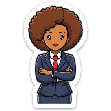 Elegant African career woman with natural curly afro hair, corporate outfit, professional demeanor sticker