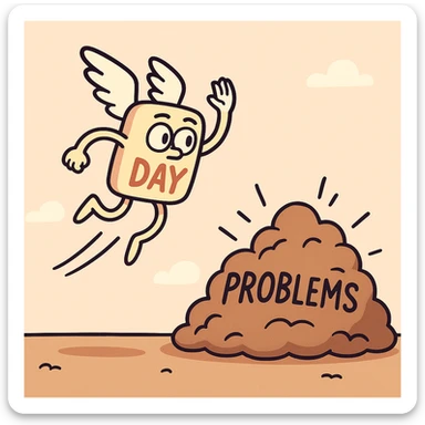 A surreal image of a day flying away from everyday problems. The day is depicted as a flat, cartoonish character with wings, flying away from a pile of problems. sticker