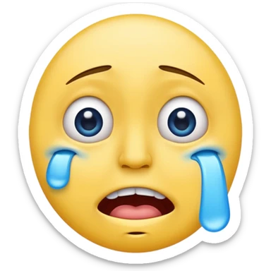 crying emoji with eyes open wide, visible eye bags, yellow emoji, visible teeth, stretched out mouth, blue tears, exaggerated  sticker