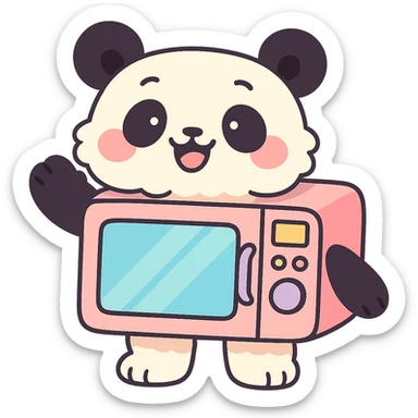 chibi-style microwave oven transformed into a fluffy panda, blushing and waving happily, soft pastel colors, full-body sticker