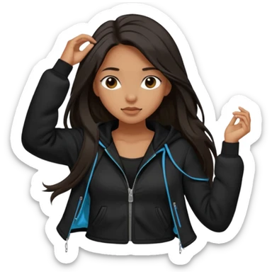  Siyah uzun saçlı ceket giyen esmerimsi kız fazla esmer değil siyah ceket  polar ceket ceket gevşek biraz omzundan çıkıyormuş gibi ve bugday ten rengi soltaraftaki omzundan çıkık sadece içinde de siyah crop var crop omzundan bağlı ve sadece sol omzundan gevşek ceket  sticker