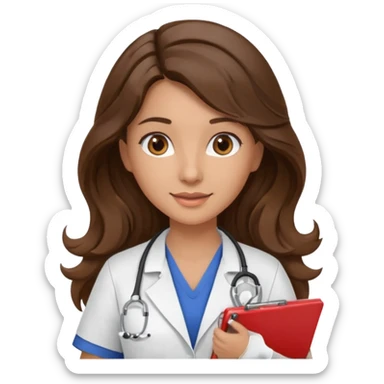 make a brunette nurse with long brown wavy hair and brown eyes holding a clipboard. she should also have a stethoscope around her neck. sticker