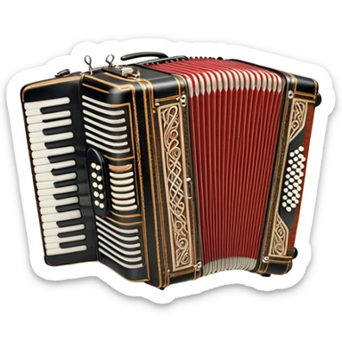 Cinematic Realistic image of a classic accordion, rendered with finely detailed textures and intricate keywork, set against a backdrop of soft, ambient lighting that highlights its vintage charm sticker