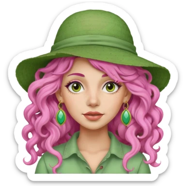 pink haired very long curly haired woman with full full face light green clay mask  and big earrings and hat sticker