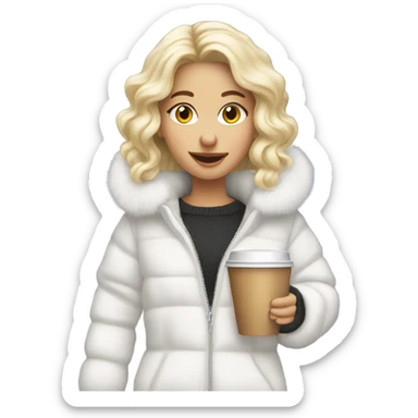 blonde girl wearing white fluffy jacket and a coffee to go in hand sticker