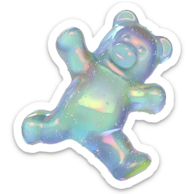 a hyper-realistic 3D rendering of a translucent,  twoglistening iridescent gummy bear mid-bounce, its plump body captured in dynamic motion as if frozen in time. The candy's surface refracts light like real gelatin, with sticky highlights gleaming along its curved edges and subtle sugar granules  sticker