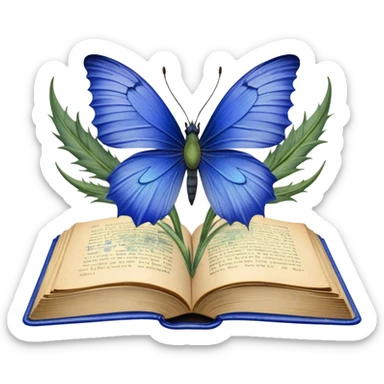 A vintage book with a worn blue cover, open to reveal pressed blue cornflowers and a resting green butterfly. sticker