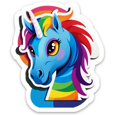 A rainbow colored horse with a very large horn in between its eyes sticker