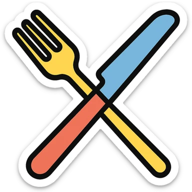 colored icon of crossed fork and knife symbolizing restaurant sticker
