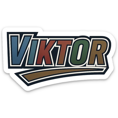 Viktor name in masculine, modern, gradient font with precise Hungarian characters, dark outline, extra thick, prominent white border as in reference images, dynamic slanted underline, masculine color shades (blue, gray, burgundy, green, brown), 1000x1000 px, PNG, transparent background sticker