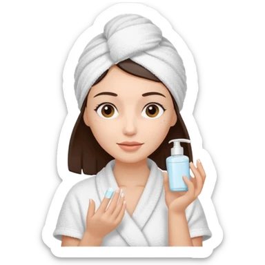 Uma mulher de toalha na cabeça pq ela acabou de sair do banho. A pele é branca/clara e cabelo marrom escuro, cabelo liso.  Ela tá com um hidratante nas mãos,  pq ela vai cuidar da pele sticker