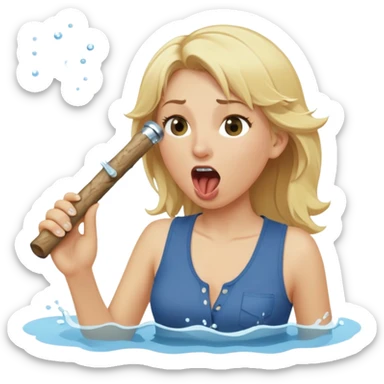 blond woman biting a wide stick with a D-shaped knob, both the same color as her skin, the knob has visible skin texture, the stick coming out of a pair of pants hanging nearby, water jet shooting from the flat side of the knob into her mouth, surprised look sticker