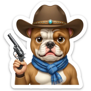 A bulldog wearing a cowboy hat, covering his mouth with a scarf so he wouldn't be recognized, pointing a revolver at you, telling you to hand over your money. sticker