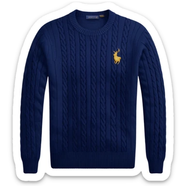 Ralph Lauren sweater, classic cable knit, navy blue, small polo logo sticker