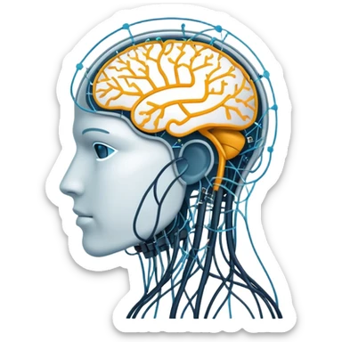 An icon featuring a human head silhouette with circuit patterns, a glowing brain, and neural network nodes, symbolizing artificial intelligence. The design includes data flow lines and robotic elements, representing machine learning and advanced computation. Transparent background sticker