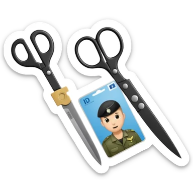 Floating black Scissors cutting in half an idf soldier ID card with a little chip in 2 parts sticker