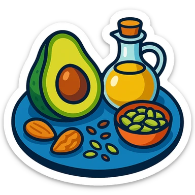 plate with avocado, nuts, olive oil, and seeds in vibrant toon style sticker