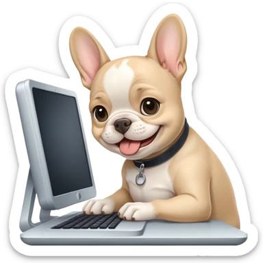 Frenchie working behind computer sticker