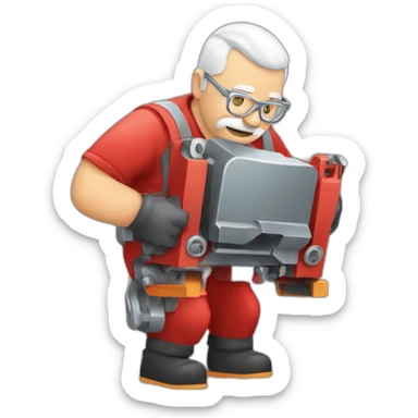 Industrial professional senior mechanical assembler working on the assembly of heavy machinery with a red outfit sticker