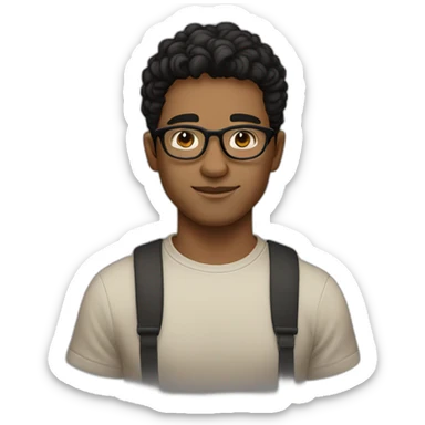 Light Brown guy, black wavy hair, no facial hair, transparent round glasses, black t shirt sticker