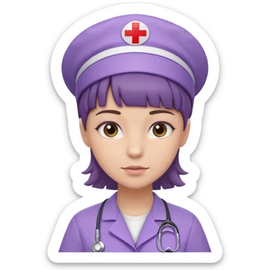A young female slim nurse with short brown hair with fringe over her forehead, wearing larvendar purple working cloth sticker