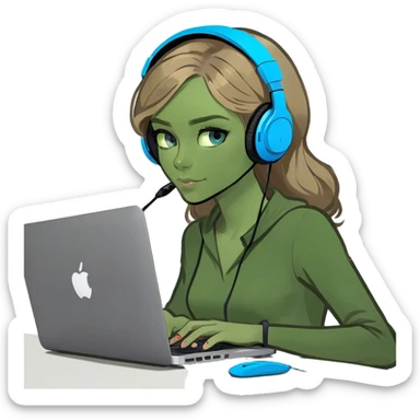 Pale skin girl with blue eyes, and dark blonde hair working with Mac  sticker