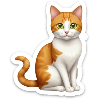 A mix breed cat (domestic shorthair and Arabian mau) sitting, with white fur, three ginger spots on its back, a ginger tail, and yellow-green eyes sticker