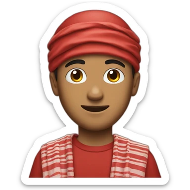 A young man wearing a keffiyeh and a red shirt sticker