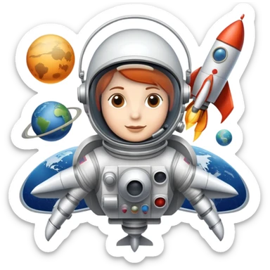 An icon featuring a rocket, a satellite, and an space helmet, symbolizing aerospace technology. The design includes a spaceship, control panels, and orbiting satellites, representing space exploration and aircraft engineering. Transparent background highlights the innovation in aeronautic sticker