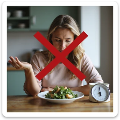 adult woman, photorealistic, sitting at table with plate of salad and kitchen scale, large red X over scale, desperate expression, natural light, kitchen background, concept of diet not working sticker