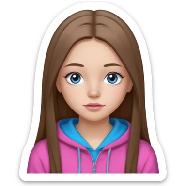 Create a TEENAGE girl with LONG and straight light brunette hair with a middle part, light skin, light freckles, and blue-gray eyes. She will have pink lips and LONG eyelashes. She will be wearing a black hoodie sticker