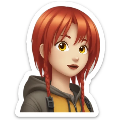(gril) makima from the manga chainsawman with red hair fringe, yellow eyes with a circle inside sticker
