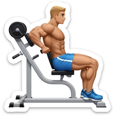 side-view bodybuilder seated weighted calf-raise machine lower leg exercise sticker