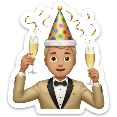 An energetic man throws his head back, drinking champagne loudly as the New Year begins. sticker