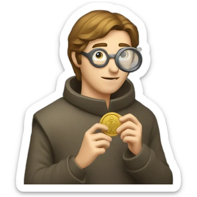 medieval coin collector, looking at a coin with a magnifying lense sticker