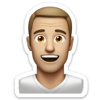 Picture a white man, where the eyes are bloodshot red with a tired or dazed expression. The eyebrows are slightly raised, and the mouth is either in a lazy smile or slightly open in a neutral way. sticker