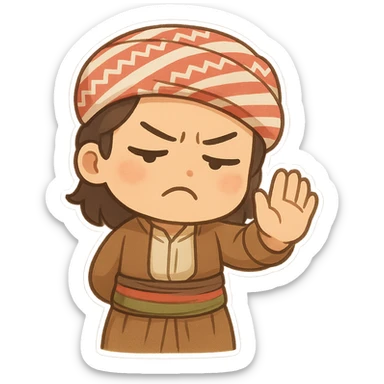 Kurdish man or woman in jamadani, cartoon style, waving hand as if saying 'go away' or 'leave me alone', annoyed face, no text sticker