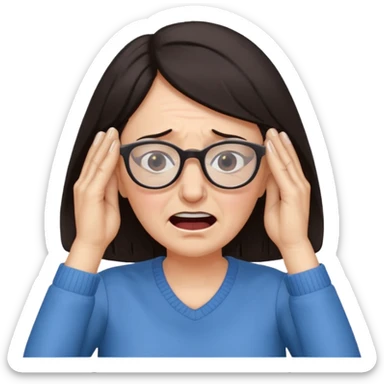 middle aged woman with dark hair and glasses covering her ears, wincing in pain because the sound is terribly loud and hurting her ears sticker