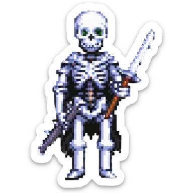 pixel art skeleton with a raised sword, classic RPG vibe sticker
