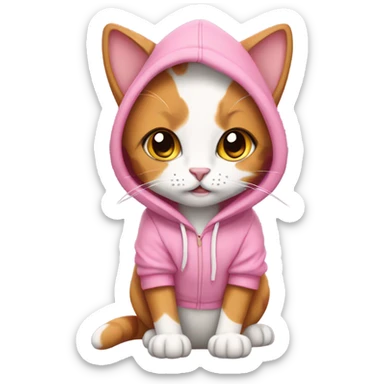 A calico cat wearing a pink hoodie sticker