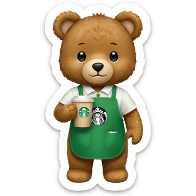 teddy bear wearing green apron with one cup of starbucks coffee sticker